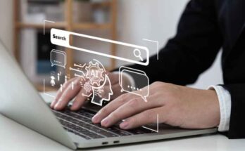 a person is typing on the keyboard and researching some keywords via using AI tools