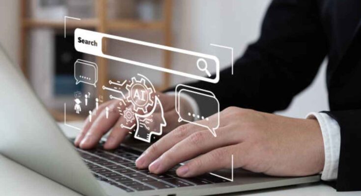 a person is typing on the keyboard and researching some keywords via using AI tools