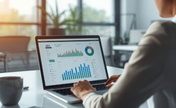ZipTie AI Search Analytics dashboard showing SEO performance data and charts in a modern office workspace