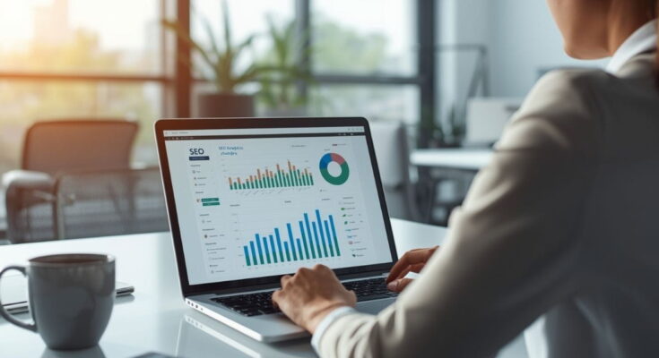 ZipTie AI Search Analytics dashboard showing SEO performance data and charts in a modern office workspace