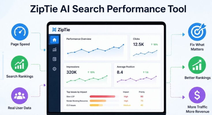 ZipTie AI Search Performance Tool dashboard showing page speed, search rankings, and real user data analysis
