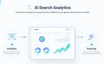 Ziptie AI Search Analytics infographic showing AI visibility tracking, citations, and competitor analysis