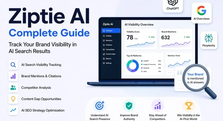 Ziptie AI search analytics dashboard displayed on laptop in modern office workspace