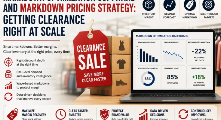 Markdown optimization software and pricing strategy infographic showing inventory insights, demand forecasting, optimal markdowns, sell-through targets, and clearance management.